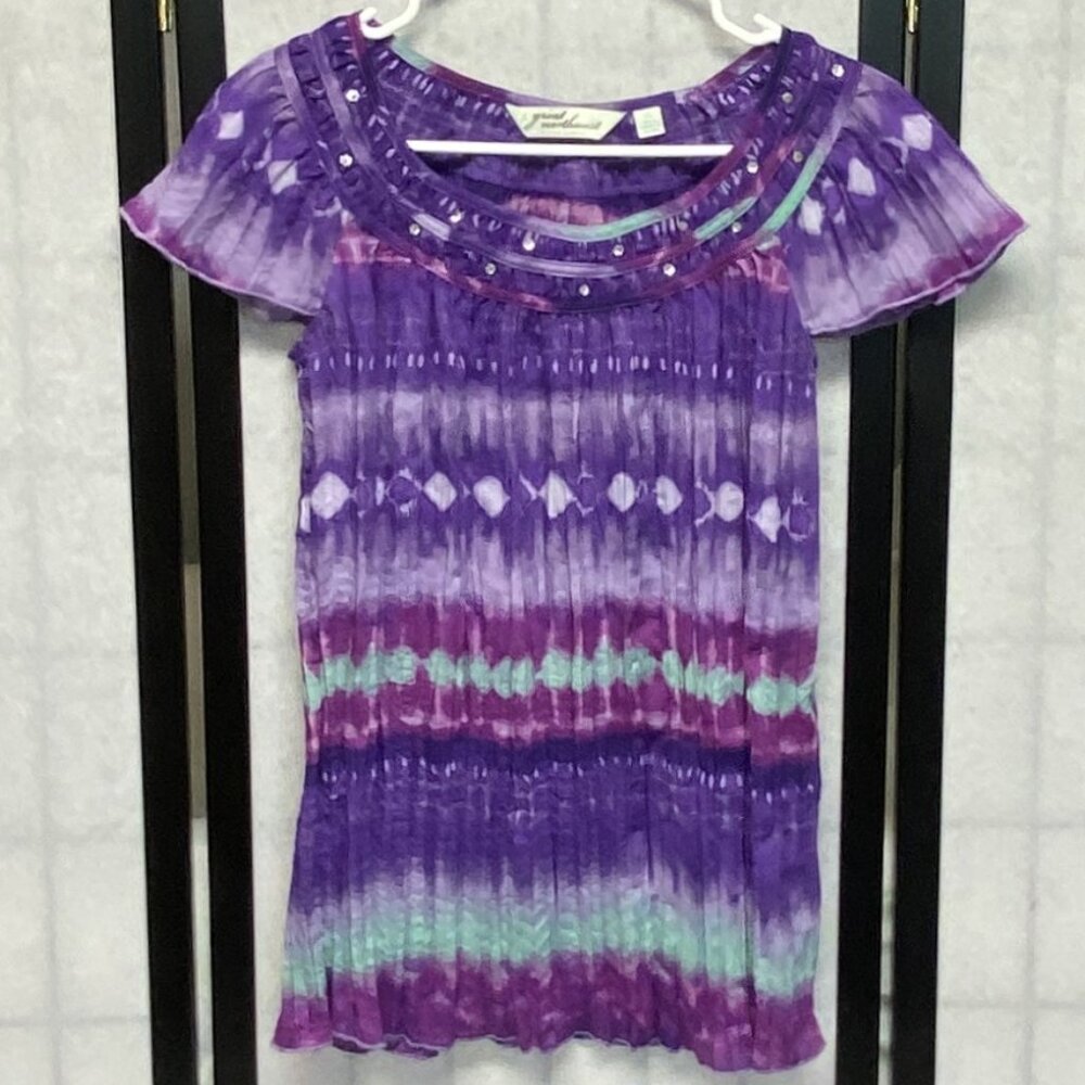 GNW Great Northwest Clothing Broomstick Peasant Top Tie Dye Sequins Cap Sleeve S